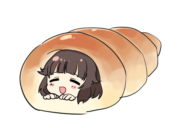 1girl :d =_= ahoge bang_dream! bangs bd_ayknn blush brown_hair chocolate_cornet closed_eyes food hands in_food open_mouth short_hair simple_background smile solo ushigome_rimi white_background