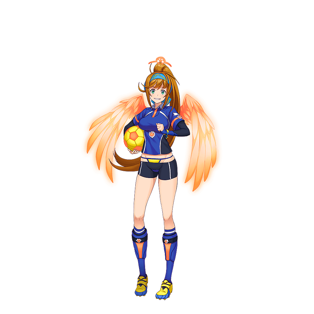 1girl angel_rock:feel_girls_emotion aqua_eyes ball black_shorts blue_hairband blue_legwear brown_hair cleats clenched_hand full_body groin hairband halo high_ponytail holding holding_ball kneehighs medium_breats official_art orange_wings panties shorts smile soccer_ball standing underwear wings wristband yellow_footwear yellow_panties