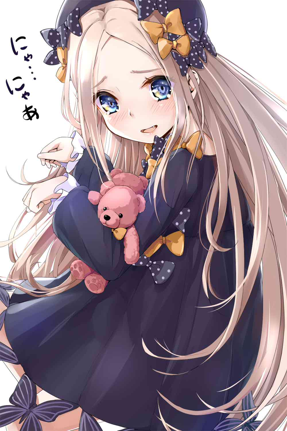 1girl abigail_williams_(fate/grand_order) black_dress blue_eyes blush bow dress fang fate/grand_order fate_(series) feet_out_of_frame from_side hat hat_bow head_tilt highres kntrs_(knyrs) long_hair looking_at_viewer nyan object_hug open_mouth orange_bow paw_pose pink_hair polka_dot polka_dot_bow simple_background sitting solo stuffed_animal stuffed_toy tareme teddy_bear very_long_hair white_background
