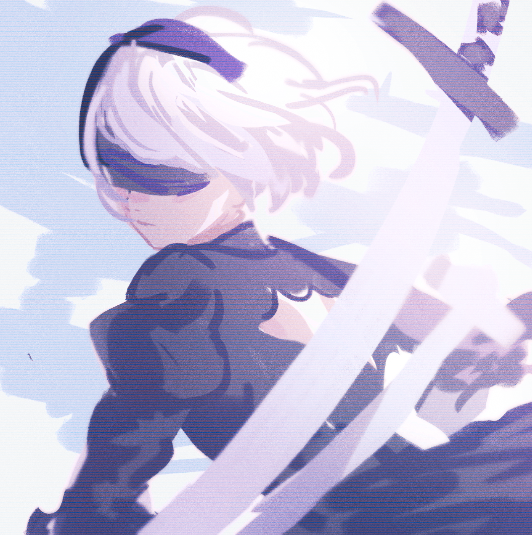 1girl back_cutout black_blindfold black_dress black_hairband blindfold closed_mouth commentary dress english_commentary hairband juliet_sleeves k_(sktchblg) long_sleeves nier_(series) nier_automata puffy_sleeves solo sword weapon white_hair yorha_no._2_type_b