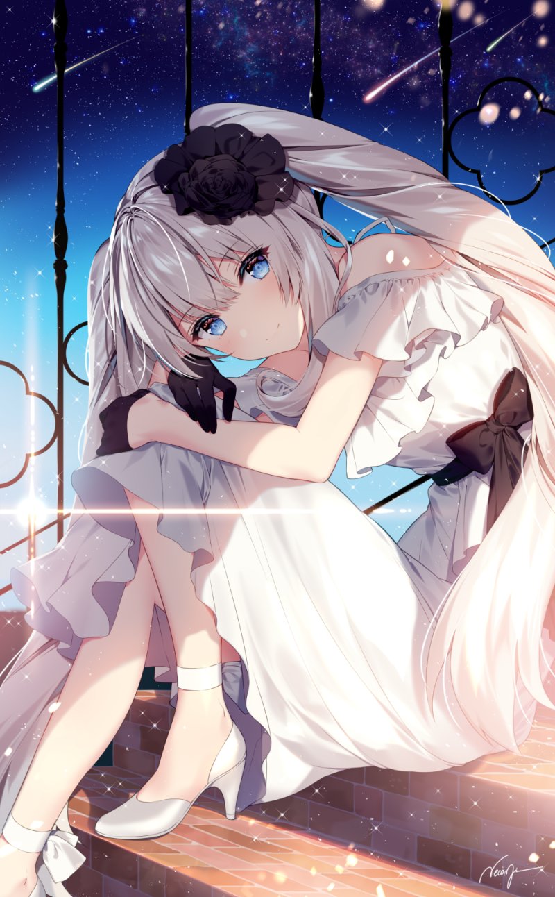 1girl ankle_ribbon bangs bare_shoulders black_bow black_flower black_gloves black_rose blue_eyes blush bow breasts dress fate/grand_order fate_(series) flower gloves hair_between_eyes hair_flower hair_ornament half_gloves head_tilt high_heels highres light_particles long_hair looking_at_viewer marie_antoinette_(fate/grand_order) medium_breasts necomi off-shoulder_dress off_shoulder pumps ribbon rose sidelocks signature silver_hair sky smile solo sparkle stairs star_(sky) starry_sky twintails very_long_hair white_dress white_footwear white_ribbon