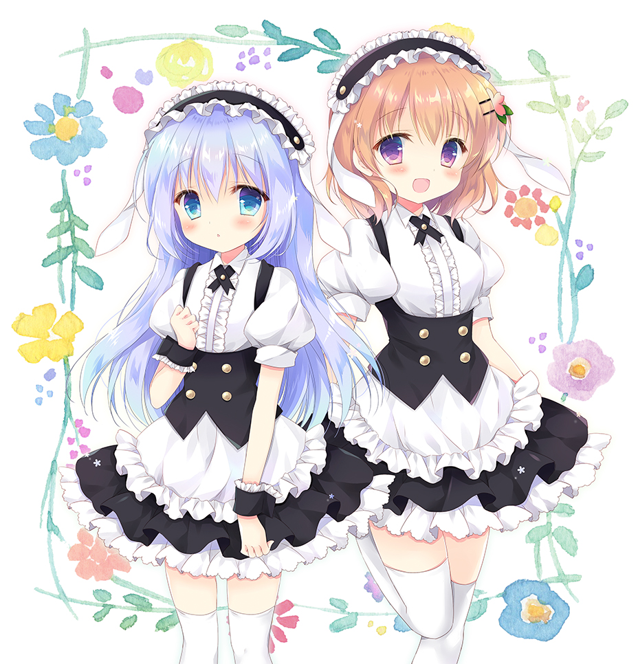 2girls :d :o animal_ears apron bangs black_hairband black_skirt blue_eyes blue_flower blue_hair blush breasts brown_hair center_frills collared_shirt commentary_request eyebrows_visible_through_hair fake_animal_ears fleur_de_lapin_uniform floppy_ears flower frilled_apron frilled_hairband frills gochuumon_wa_usagi_desu_ka? hair_between_eyes hair_ornament hairband hairclip hand_up hasekura_chiaki hoto_cocoa kafuu_chino long_hair looking_at_viewer multiple_girls open_mouth parted_lips puffy_short_sleeves puffy_sleeves purple_flower rabbit_ears shirt short_sleeves skirt small_breasts smile standing standing_on_one_leg thigh-highs underbust uniform very_long_hair waist_apron waitress white_apron white_background white_legwear white_shirt wrist_cuffs yellow_flower