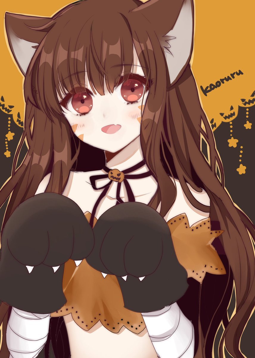 1girl :d animal_ears atobesakunolove bandage bandaged_arm bandages bangs black_choker black_neckwear black_ribbon blush brown_hair choker d.va_(overwatch) eyebrows_visible_through_hair facial_mark fang gloves halloween halloween_costume highres long_hair looking_at_viewer neck_ribbon open_mouth overwatch paw_gloves paws red_eyes ribbon ribbon_choker simple_background smile solo upper_body whisker_markings wolf_ears