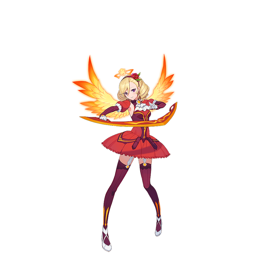 1girl angel_rock:feel_girls_emotion blonde_hair brooch detached_sleeves dress drill_hair flower full_body garter_straps gloves hair_between_eyes hair_flower hair_ornament halo holding holding_weapon jewelry long_sleeves official_art orange_wings puffy_long_sleeves puffy_sleeves red_dress red_legwear standing weapon white_footwear white_gloves wings