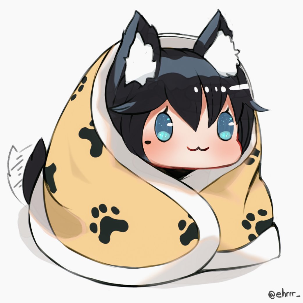 1girl :3 animal_ear_fluff animal_ears bangs black_hair blanket blanket_hug blue_eyes blush chibi commentary ehrrr full_body mole original paw_print_pattern shiny shiny_hair simple_background solo tail tail_wagging twitter_username white_background