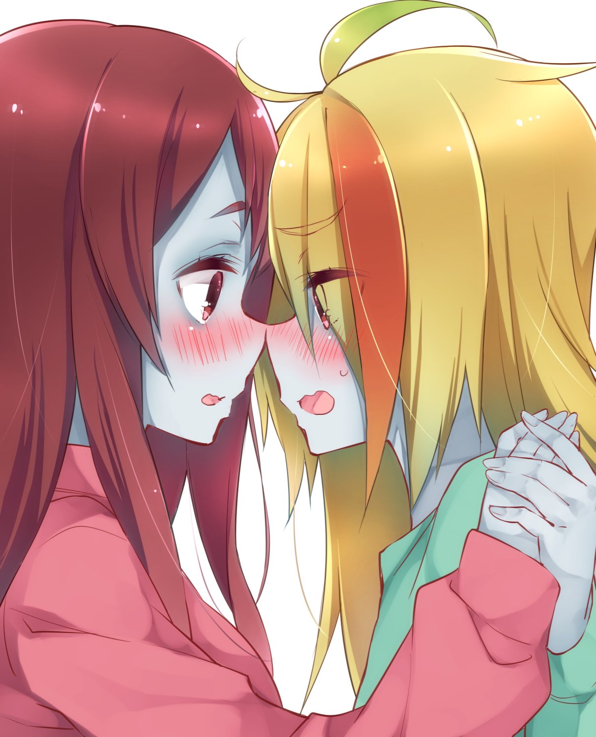 2girls ahoge blonde_hair blue_skin blush eye_contact face-to-face from_side hair_over_one_eye hand_holding highres long_hair looking_at_another messy_hair minamoto_sakura multiple_girls nervous nikaidou_saki noses_touching open_mouth red_eyes redhead sk02 sweatdrop wavy_mouth yuri zombie zombie_land_saga