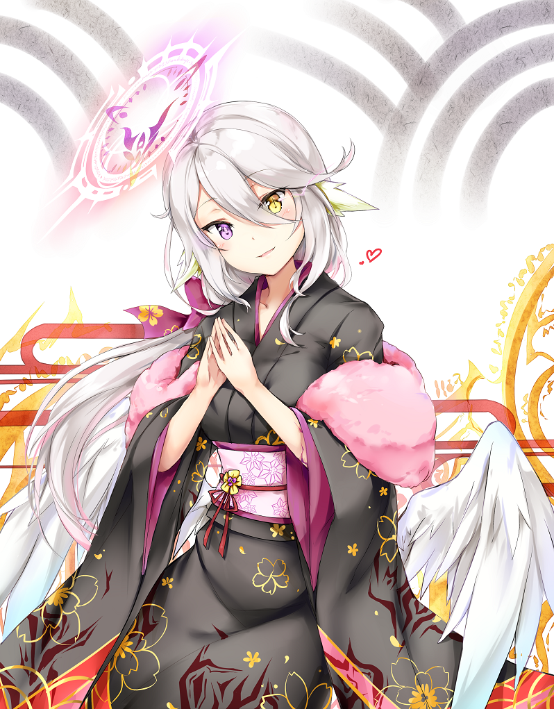1girl angel_wings breasts feathered_wings halo heart heterochromia ikasoke_(likerm6au) japanese_clothes kimono long_hair looking_at_viewer low_wings magic_circle medium_breasts multicolored_hair no_game_no_life silver_hair smile solo very_long_hair violet_eyes white_wings wing_ears wings yellow_eyes