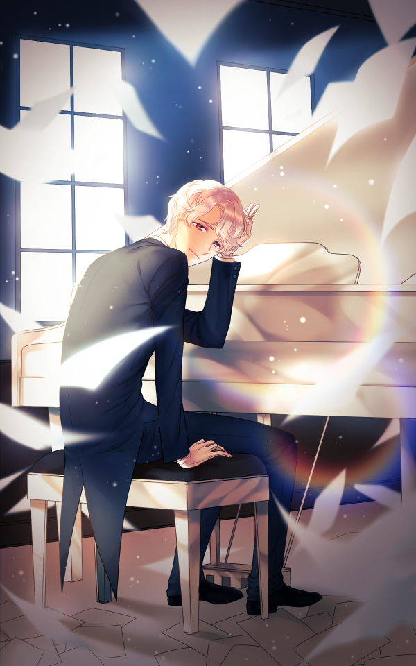 1boy black_footwear black_suit full_body hand_up hsmoji indoors instrument lens_flare looking_at_viewer male_focus original papers piano piano_bench sitting white_hair window