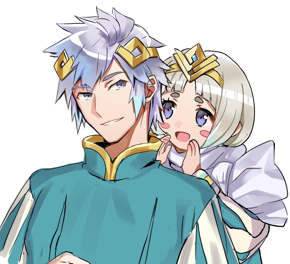 1boy 1girl blue_hair cape feather_trim fire_emblem fire_emblem_heroes gradient gradient_hair hamomo_fe long_sleeves multicolored_hair nintendo open_mouth short_hair simple_background smile tiara violet_eyes white_hair ylgr_(fire_emblem_heroes)