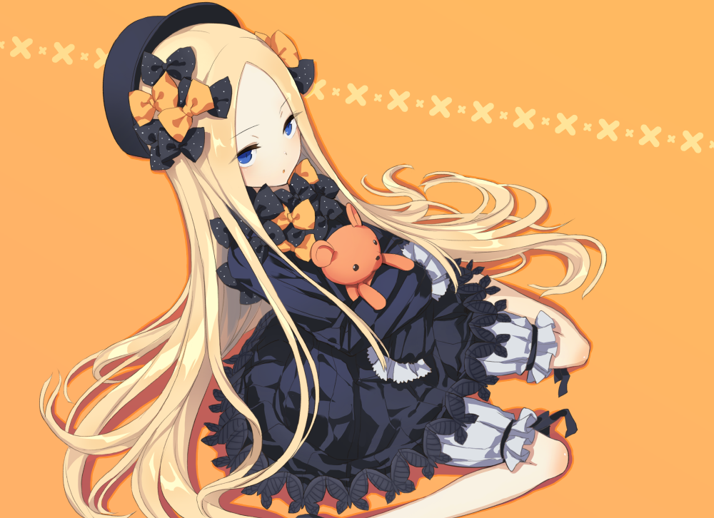 1girl :o abigail_williams_(fate/grand_order) bangs black_bow black_dress black_hat blonde_hair bloomers blue_eyes blush bow bug butterfly commentary_request dress eyebrows_visible_through_hair fate/grand_order fate_(series) foot_out_of_frame forehead from_above hair_bow hat insect long_hair long_sleeves looking_at_viewer looking_up object_hug orange_background orange_bow parted_bangs parted_lips polka_dot polka_dot_bow sitting sleeves_past_fingers sleeves_past_wrists solo stuffed_animal stuffed_toy teddy_bear underwear very_long_hair waga wariza white_bloomers