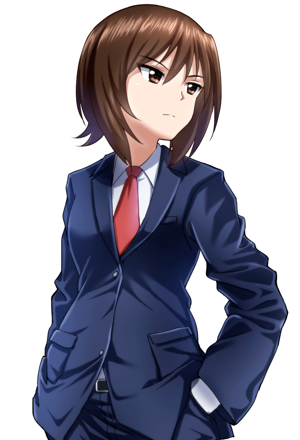 1girl bangs belt black_belt blazer blue_jacket blue_pants blue_suit brown_eyes brown_hair closed_mouth commentary crossdressinging dress_shirt eyebrows_visible_through_hair formal frown girls_und_panzer hands_in_pockets highres jacket long_sleeves looking_to_the_side necktie nishizumi_maho pants red_neckwear shirt short_hair simple_background solo standing suit upper_body white_background white_shirt wing_collar zanntetu