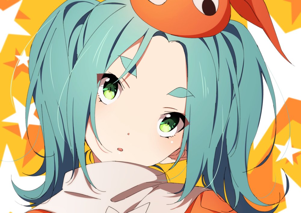 1girl :o aqua_hair commentary_request eyebrows green_eyes hat looking_at_viewer monogatari_(series) ntend ononoki_yotsugi short_eyebrows short_hair short_twintails solo thick_eyebrows twintails