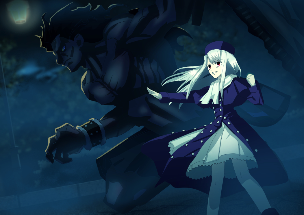 1boy 1girl ayamatazu berserker black_hair black_skin eyebrows_visible_through_hair fate/stay_night fate_(series) floating_hair fog grin hat holding holding_sword holding_weapon illyasviel_von_einzbern long_hair night outdoors outstretched_arm pleated_skirt purple_coat purple_hat red_eyes silver_hair skirt smile standing sword very_long_hair weapon white_skirt wrist_cuffs