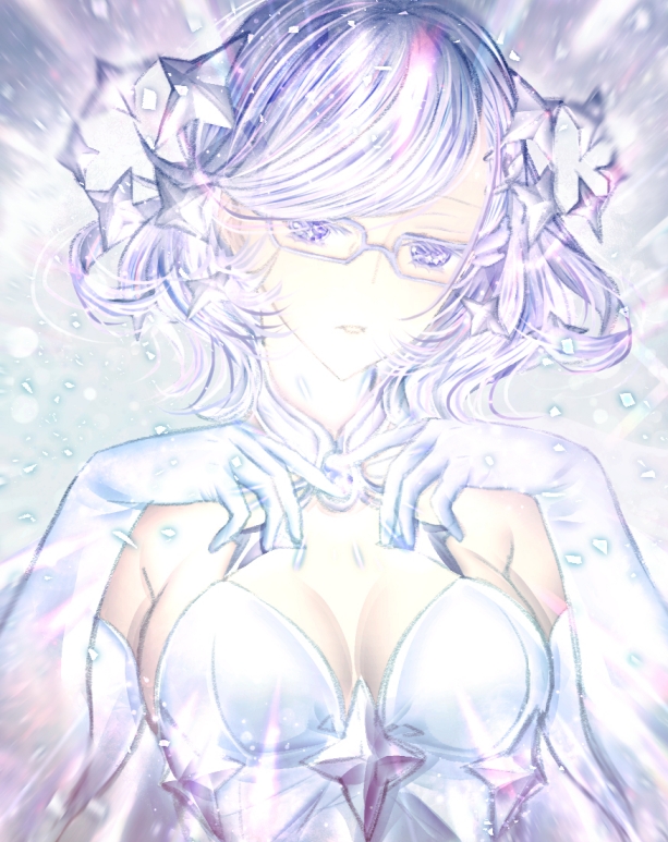 1girl breasts cleavage elbow_gloves fes_(sennen_sensou_aigis) glasses gloves hair_ornament hiyuki_(ikuyih) looking_at_viewer medium_breasts pale_skin sennen_sensou_aigis short_hair solo upper_body white_gloves