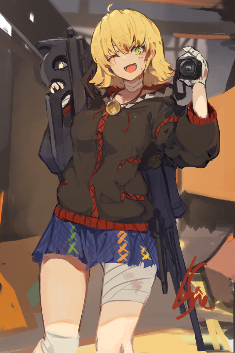 1girl :3 :d ahoge assault_rifle bandage bandaged_leg bandaged_neck bandages black_hoodie blonde_hair blue_skirt camera commentary_request green_eyes gun hand_up head_tilt highres holding holding_camera lansane long_sleeves looking_at_viewer one_eye_closed open_mouth original rifle signature simple_background skirt smile standing weapon