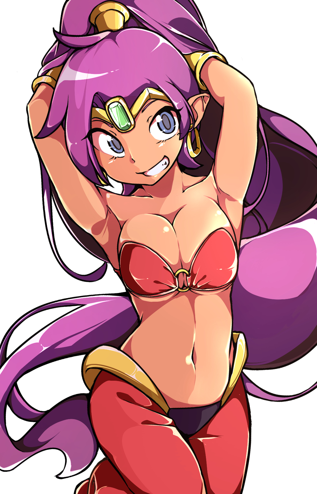 1girl arabian_clothes armpits arms_behind_head arms_up bandeau blue_eyes bracer breasts cleavage clenched_teeth collarbone commentary_request cowboy_shot dark_skin earrings female forehead_jewel gokuu_(acoloredpencil) grin harem_pants highres hoop_earrings jewelry large_breasts long_hair looking_at_viewer navel o-ring o-ring_top pants pointy_ears ponytail purple_hair revealing_clothes shantae_(character) shantae_(series) simple_background smile solo stomach teeth tiara under_boob very_long_hair white_background