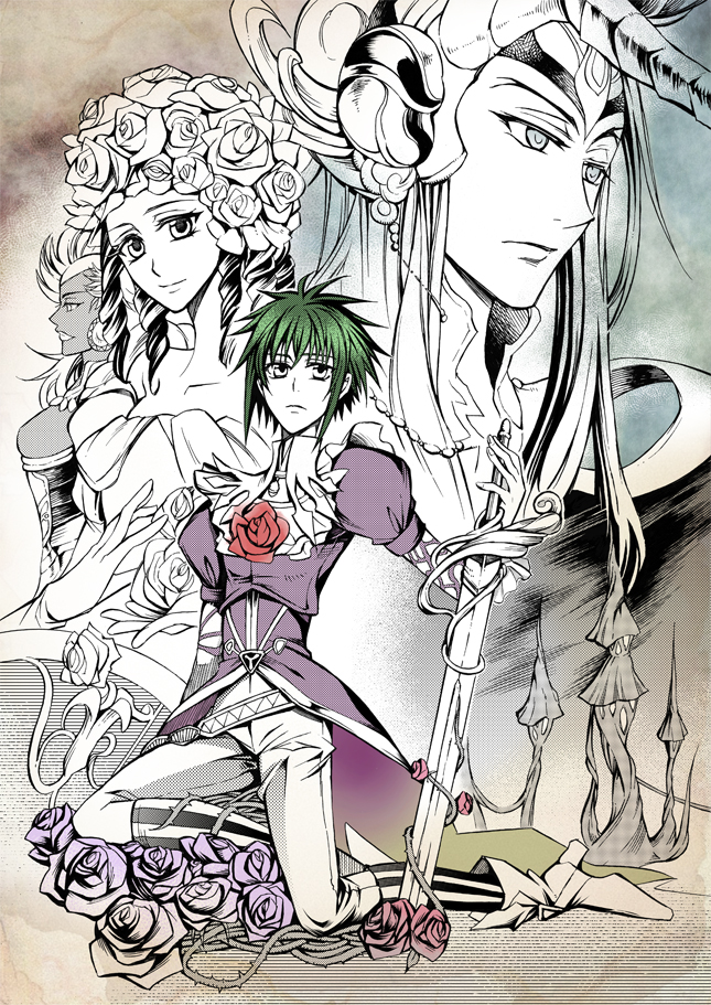 1boy asellus_(saga_frontier) breasts castle commentary_request dress flower gloves green_hair lion_princess long_hair multiple_girls orlouge princess_white_rose red_flower red_rose rose saga saga_frontier short_hair smile sword wataringo weapon