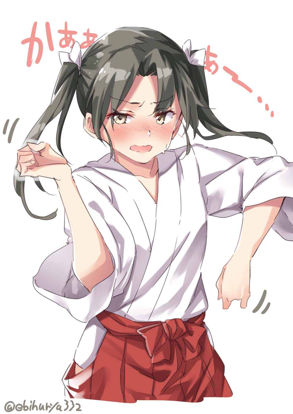 1girl blush breasts dancing ebifurya embarrassed eyebrows_visible_through_hair green_eyes grey_hair hair_ribbon hakama hakama_skirt highres japanese_clothes kantai_collection long_hair looking_at_viewer motion_lines open_mouth pleated_skirt red_skirt ribbon simple_background skirt small_breasts solo sweatdrop twintails twitter_username upper_body wavy_mouth white_ribbon zui_zui_dance zuikaku_(kantai_collection)