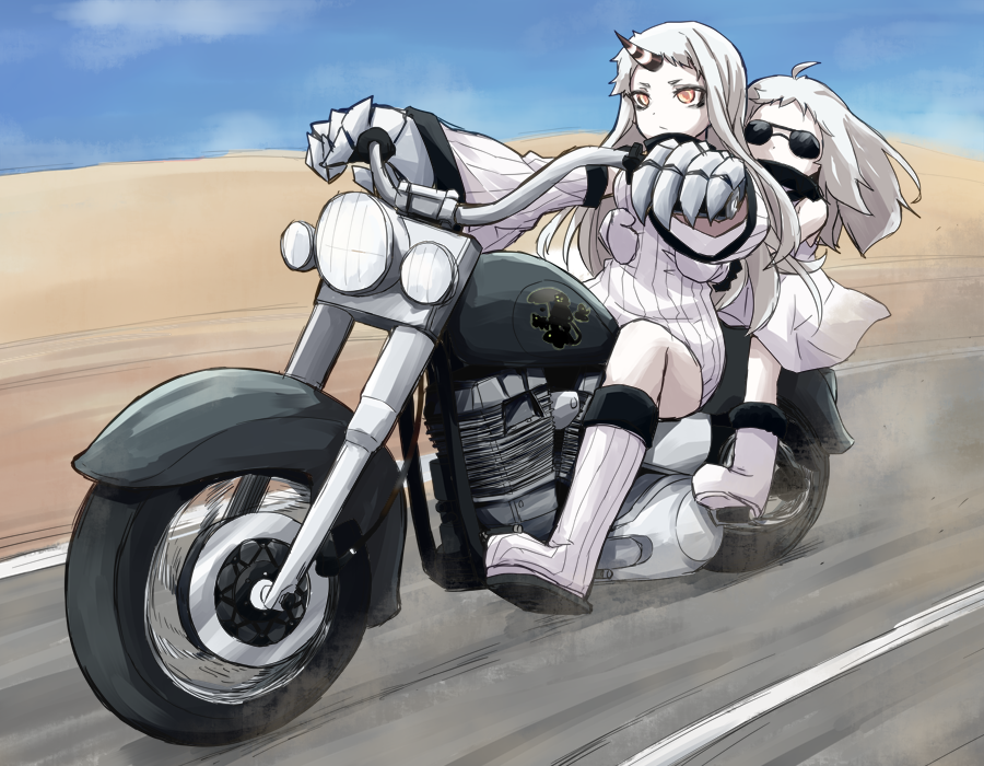 2girls ahoge boots claws closed_mouth commentary_request covered_mouth desert detached_sleeves dress dust ground_vehicle horn kakizaki_(chou_neji) kantai_collection knee_boots long_hair mittens motor_vehicle motorcycle multiple_girls northern_ocean_hime orange_eyes pale_skin riding road sand seaport_hime shinkaisei-kan short_dress sky sleeveless sleeveless_dress sunglasses sweater sweater_dress white_dress white_footwear white_hair white_skin