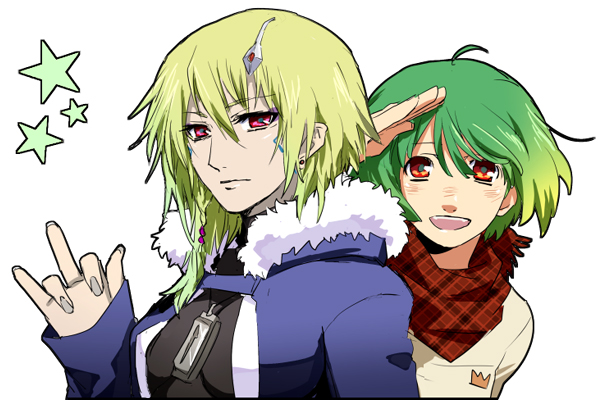 1boy 1girl ahoge alternate_costume alternate_hair_length alternate_hairstyle blush breasts brera_sterne brother_and_sister cero_(cerocero) genderswap genderswap_(ftm) genderswap_(mtf) green_hair looking_at_viewer macross macross_frontier ranka_lee red_eyes scarf short_hair siblings