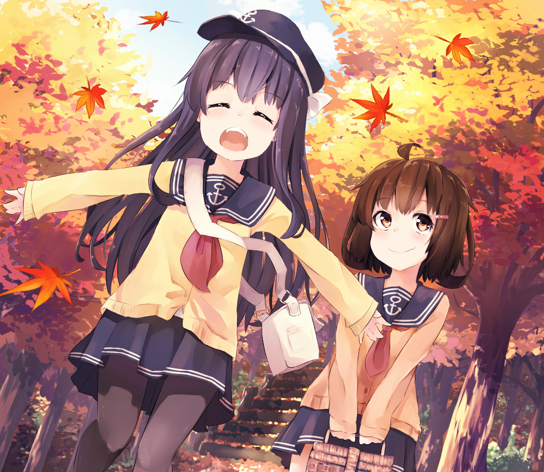 2girls akatsuki_(kantai_collection) anchor_symbol autumn autumn_leaves badge black_legwear black_sailor_collar brown_hair cardigan closed_eyes closed_mouth flat_cap hair_ornament hairclip hat ikazuchi_(kantai_collection) kantai_collection long_hair multiple_girls neckerchief open_mouth outdoors outstretched_arms pantyhose picnic_basket pleated_skirt purple_hair red_neckwear sailor_collar school_uniform serafuku short_hair skirt smile taisho_(gumiyuki) tree