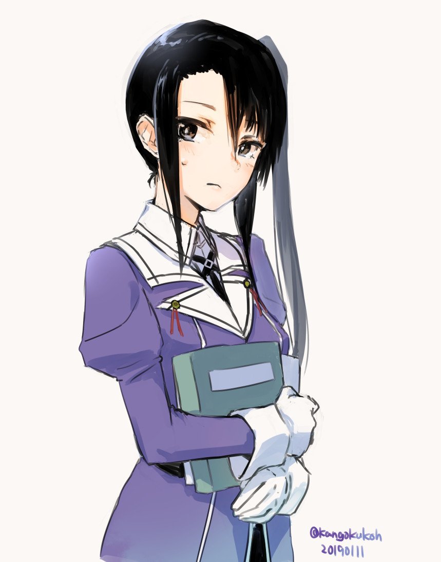 1girl absurdly_long_hair black_eyes black_hair book commentary_request dated expressionless gloves kangoku_kou kantai_collection long_hair military military_uniform nachi_(kantai_collection) remodel_(kantai_collection) side_ponytail simple_background solo twitter_username uniform upper_body very_long_hair white_background white_gloves