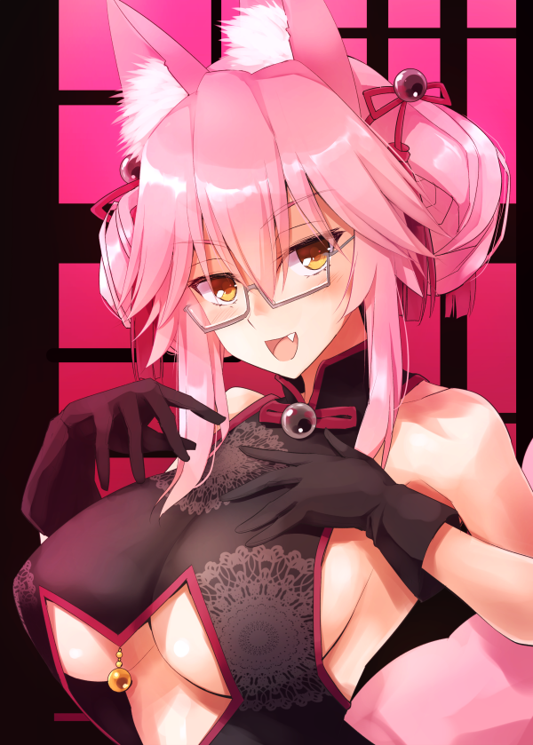 1girl :d animal_ear_fluff animal_ears black_gloves blush breasts china_dress chinese_clothes commentary_request dress fang fate/grand_order fate_(series) fox_ears glasses gloves hair_bobbles hair_ornament koyanskaya kurikara large_breasts looking_at_viewer open_mouth pink_hair semi-rimless_eyewear sideboob sidelocks smile solo under-rim_eyewear under_boob upper_body yellow_eyes