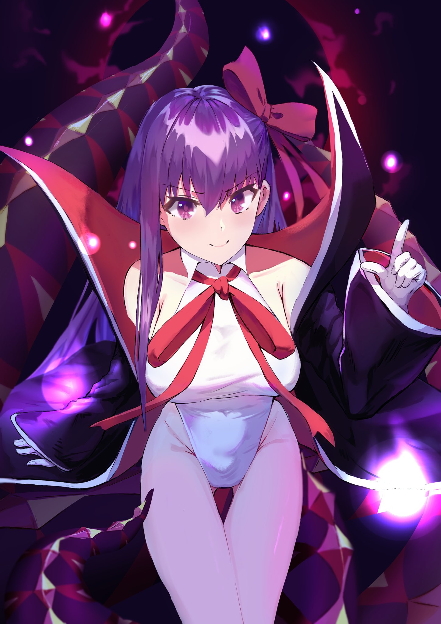 1girl bb_(fate)_(all) bb_(swimsuit_mooncancer)_(fate) black_coat blurry cowboy_shot depth_of_field fate/grand_order fate_(series) gloves gluteal_fold hair_ribbon highleg highleg_leotard highres index_finger_raised leaning_forward leotard otomo popped_collar purple_hair red_ribbon ribbon solo tentacle violet_eyes white_gloves white_leotard