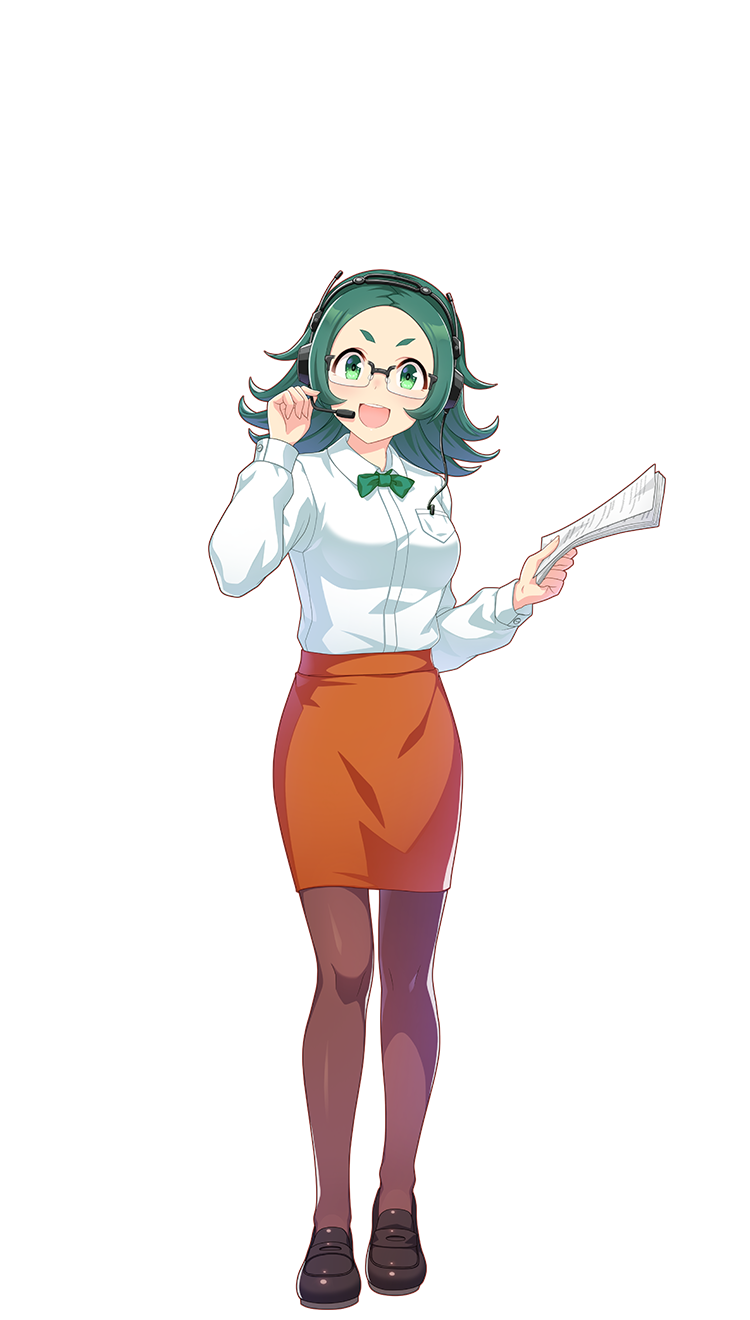 1girl :d akasaka_misato bow bowtie brown_footwear brown_pantyhose collared_shirt glasses green_bow green_bowtie green_eyes green_hair headset highres holding holding_paper loafers long_hair long_sleeves looking_at_viewer official_art orange_skirt pantyhose paper pleated_skirt shirt shoes skirt smile solo transparent_background umamusume white_shirt