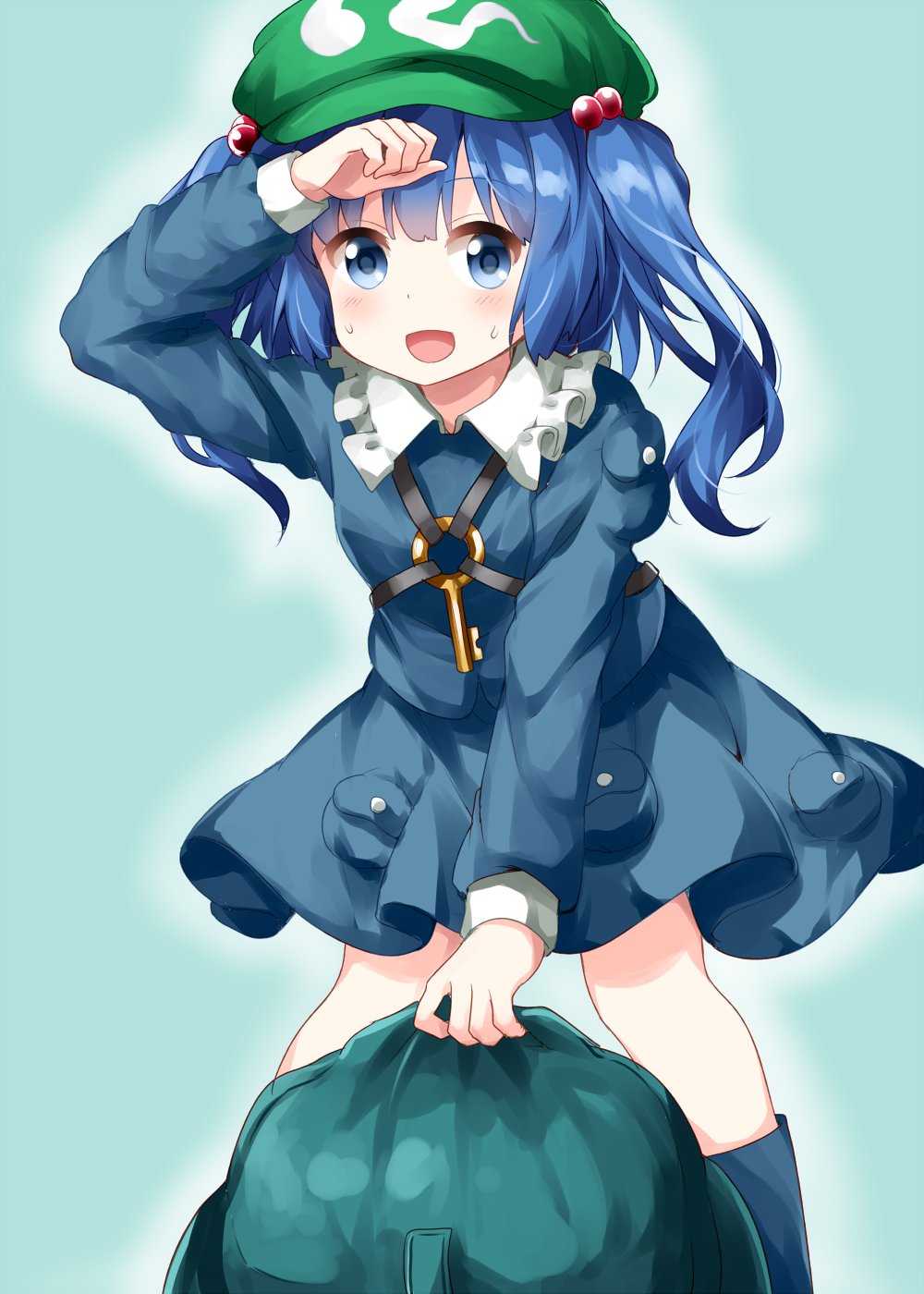 1girl :d backpack bag bangs blue_eyes blue_footwear blue_hair blue_shirt blue_skirt boots collared_shirt flat_cap frilled_shirt_collar frills green_hat hair_bobbles hair_ornament hand_on_forehead hat highres kawashiro_nitori key knee_boots long_sleeves medium_hair open_mouth pocket puffy_sleeves rubber_boots ruu_(tksymkw) shirt short_twintails sidelocks skirt skirt_set smile solo tokin_hat touhou twintails two_side_up