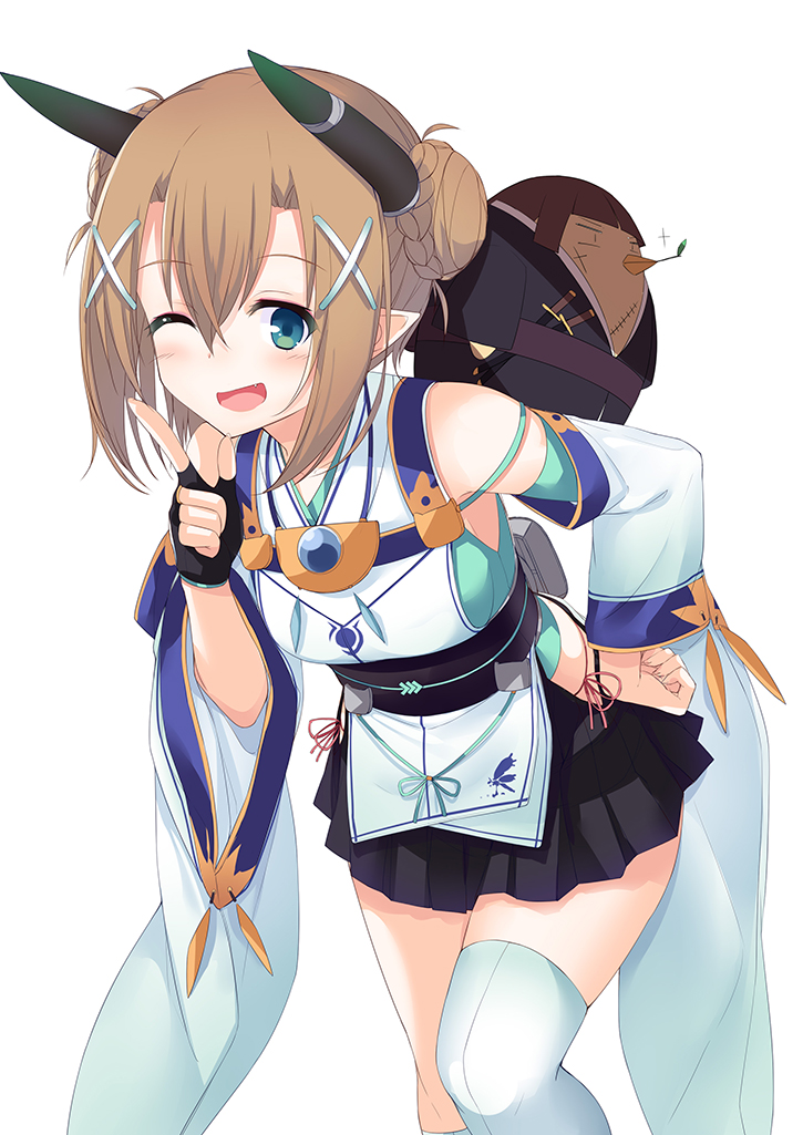 1girl ;d aixioo azur_lane black_gloves black_skirt blush braid breasts brown_hair double_bun fang fingerless_gloves fingernails gloves hair_ornament hand_up headgear index_finger_raised japanese_clothes kimono kneehighs leaning_forward long_sleeves one_eye_closed open_mouth oyashio_(azur_lane) panties pink_panties short_sleeves side-tie_panties side_bun side_cutout simple_background single_glove single_kneehigh single_thighhigh skirt sleeveless sleeveless_kimono small_breasts smile solo standing standing_on_one_leg thigh-highs underwear white_background white_kimono white_legwear white_sleeves wide_sleeves x_hair_ornament