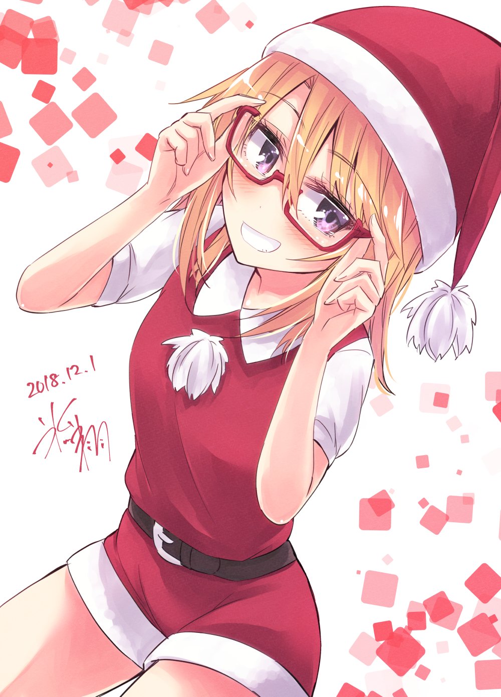 1girl belt bespectacled breasts dated glasses grin hat highres hikawa_shou idolmaster idolmaster_cinderella_girls idolmaster_cinderella_girls_starlight_stage lavender_eyes long_hair medium_breasts orange_hair pom_pom_(clothes) santa_costume santa_hat semi-rimless_eyewear short_sleeves shorts signature smile yuuki_haru