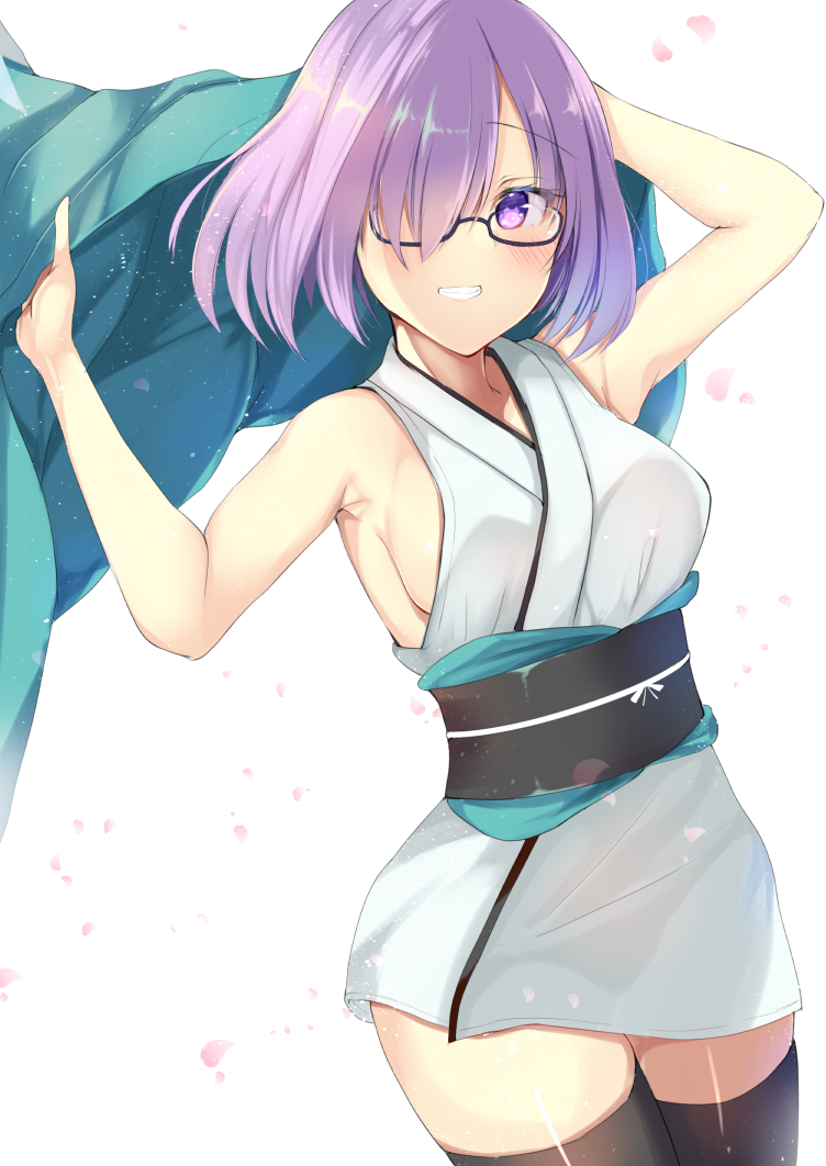 1girl armpits ashino bangs bare_arms bare_shoulders black-framed_eyewear black_sash bob_cut breasts cherry_blossoms clothing_request commentary_request cosplay cowboy_shot fate_(series) grin hair_over_one_eye lavender_eyes lavender_hair legs_together looking_at_viewer mash_kyrielight obi okita_souji_(fate) okita_souji_(fate)_(all) okita_souji_(fate)_(cosplay) petals raised_eyebrow sash shiny shiny_hair short_hair sideboob single_eye sleeveless smile solo thigh-highs