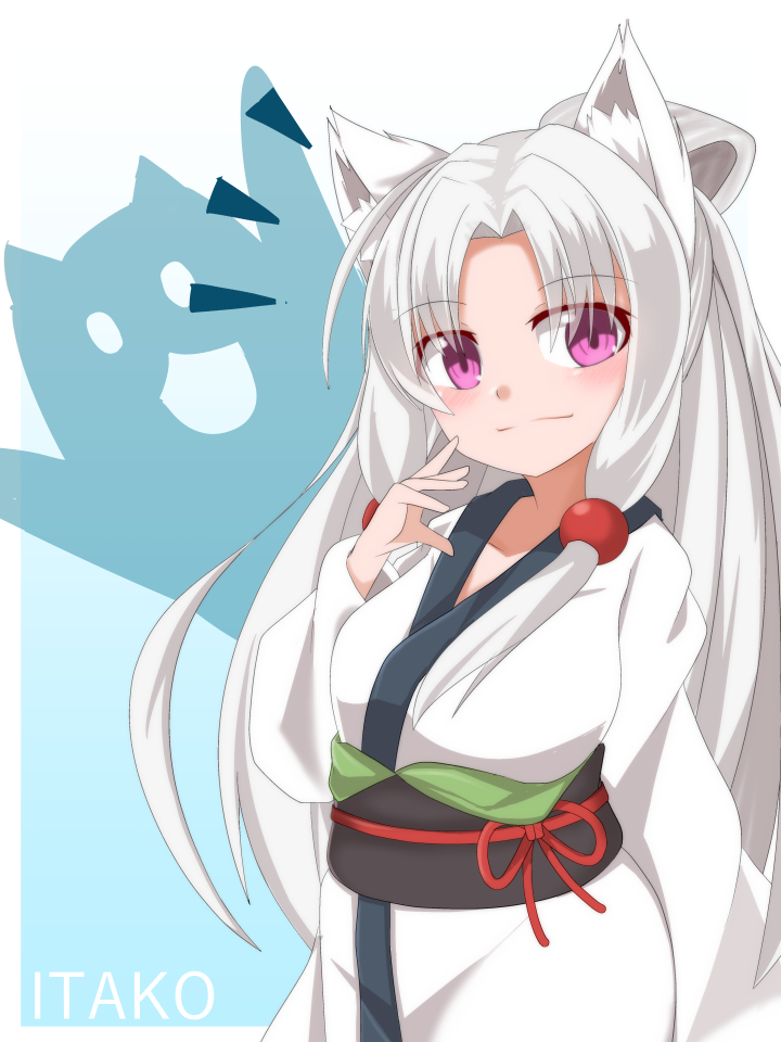 1girl animal_ear_fluff animal_ears ao_(aoblueao) bangs blue_background blush breasts character_name closed_mouth eyebrows_visible_through_hair gradient gradient_background hair_ornament hand_up head_tilt japanese_clothes kimono long_hair long_sleeves looking_at_viewer obi parted_bangs sash silver_hair small_breasts solo touhoku_itako very_long_hair violet_eyes voiceroid white_background white_kimono