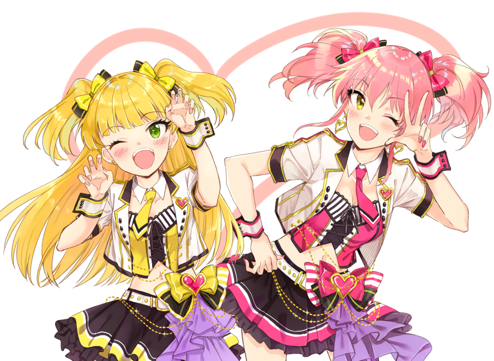 2girls ;d arm_up belt belt_buckle black_skirt blonde_hair blush bow brown_eyes buckle claw_pose collarbone commentary_request crop_top cropped_jacket detached_collar fingernails green_eyes hair_bow hand_up heart idolmaster idolmaster_cinderella_girls jougasaki_mika jougasaki_rika leaning_to_the_side miyabi_akino multiple_girls nail_polish necktie one_eye_closed open_mouth pink_hair pink_nails pink_neckwear red_bow short_necktie short_sleeves siblings sisters skirt smile standing strapless twintails two_side_up v white-framed_eyewear white_background white_belt white_collar wrist_cuffs yellow_bow yellow_neckwear