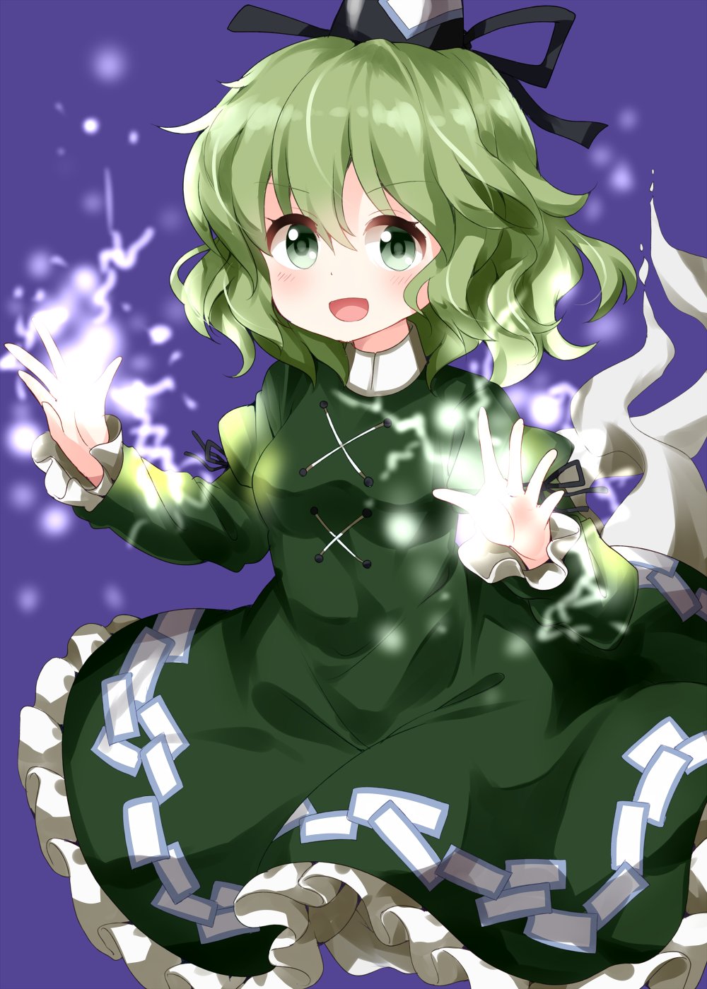 1girl :d bangs black_hat black_ribbon dress electricity ghost_tail green_dress green_eyes green_hair hair_between_eyes hat highres long_sleeves looking_at_viewer ofuda ofuda_on_clothes open_mouth petticoat purple_background ribbon ruu_(tksymkw) short_hair simple_background smile soga_no_tojiko solo tate_eboshi touhou