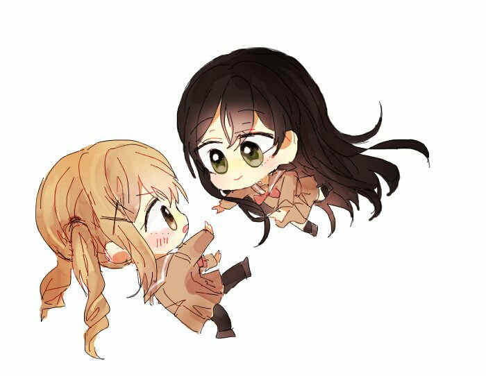 2girls bang_dream! black_hair black_legwear blonde_hair blush bow bowtie brown_dress brown_eyes chibi commentary_request dress falling green_eyes hair_ornament hanasakigawa_school_uniform hanazono_tae ichigaya_arisa long_hair long_sleeves looking_at_another men_(aoduss) multiple_girls outstretched_arms pantyhose red_neckwear sailor_dress simple_background smile spread_arms twintails very_long_hair white_background x_hair_ornament