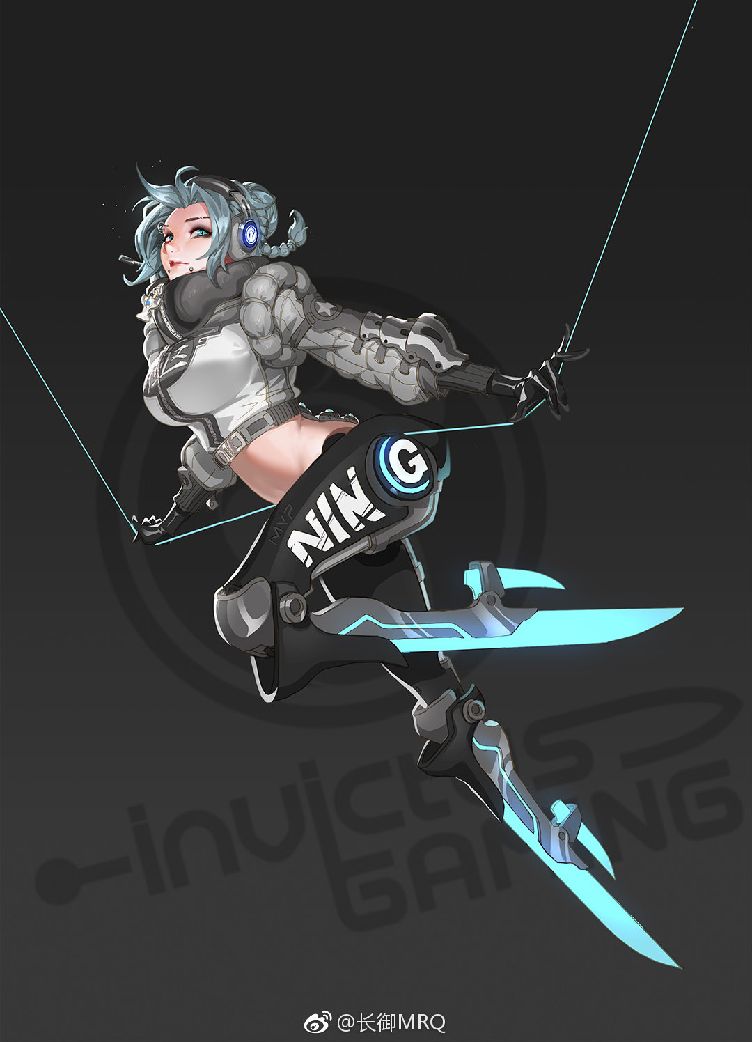 1girl artist_name camille_(league_of_legends) character_name grey_hair headphones highres invictus_gaming jacket league_of_legends league_of_legends_world_championship leg_blade midriff mrq ning_(gamer) string