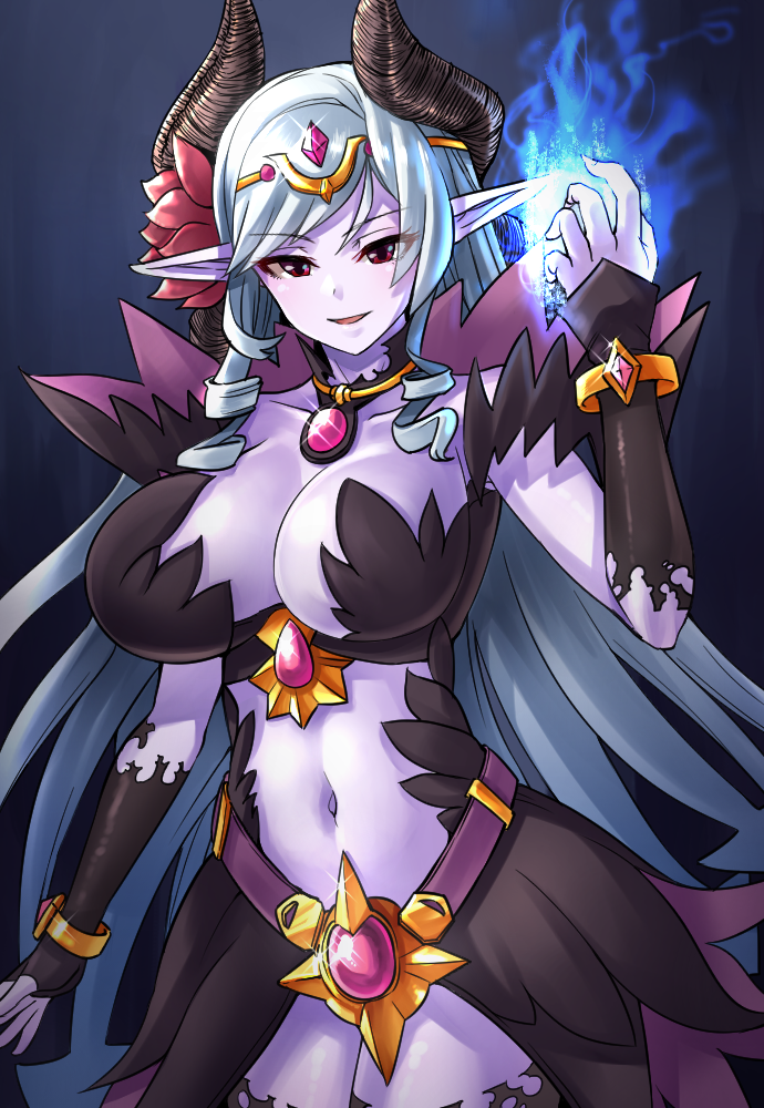 1girl breasts decanee demon_girl demon_horns eyebrows_visible_through_hair glowing glowing_hand grand_chase horns jewelry long_hair navel pointy_ears smile solo very_long_hair yong-gok