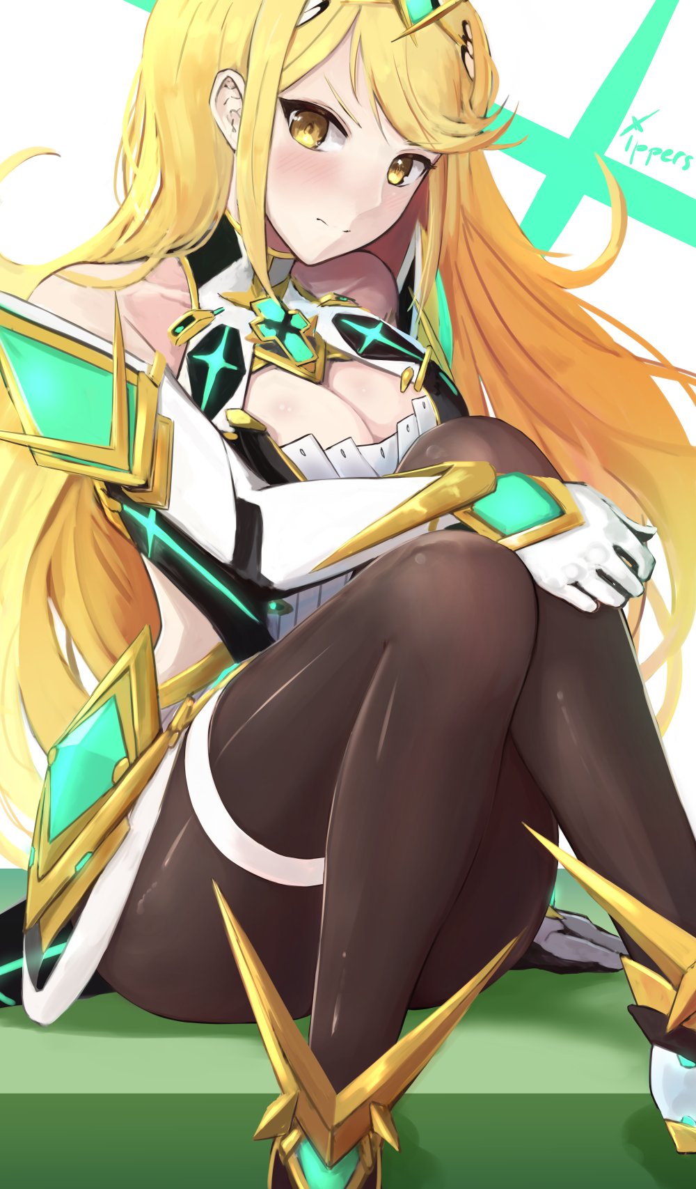 1girl alternate_costume armor bangs blonde_hair blush breasts covered_navel earrings gem gloves headpiece highres mythra_(xenoblade) ippers jewelry long_hair looking_at_viewer nintendo pantyhose simple_background super_smash_bros. super_smash_bros._ultimate swept_bangs tiara xenoblade_(series) xenoblade_2 yellow_eyes
