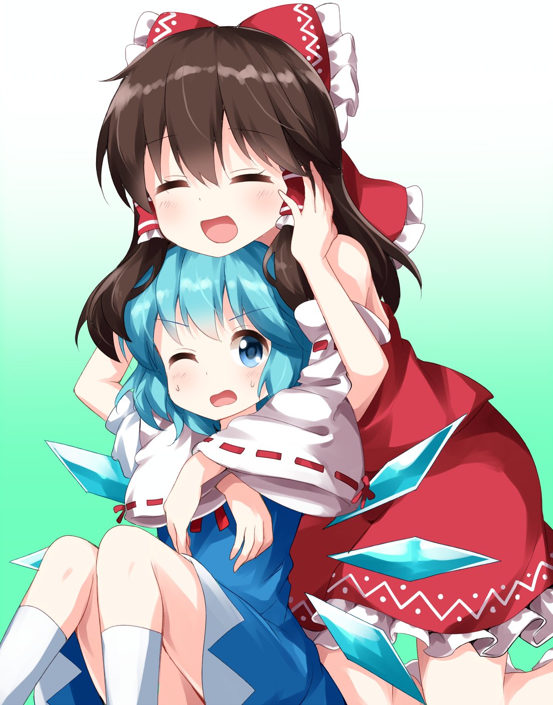 2girls :d bangs bare_shoulders black_hair blue_dress blue_eyes blue_hair bow cirno closed_eyes collared_shirt detached_sleeves dress fairy_wings frilled_bow frilled_shirt_collar frills gradient gradient_background green_background hair_bow hair_tubes hakurei_reimu hand_on_another's_head head_on_head highres ice ice_wings medium_hair multiple_girls nontraditional_miko one_eye_closed open_mouth petticoat red_bow red_ribbon red_shirt red_skirt ribbon ribbon-trimmed_sleeves ribbon_trim ruu_(tksymkw) shirt short_hair short_sleeves sidelocks skirt skirt_set sleeveless sleeveless_shirt smile tears touhou white_legwear white_shirt wide_sleeves wings