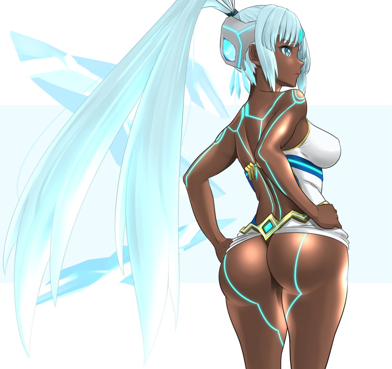 1girl artist_request ass back blue_eyes blue_hair breasts dark_skin dolling60883582 from_behind long_hair nintendo one-piece_swimsuit ponytail simple_background solo swimsuit tokiha_(xenoblade) white_hair xenoblade_(series) xenoblade_2