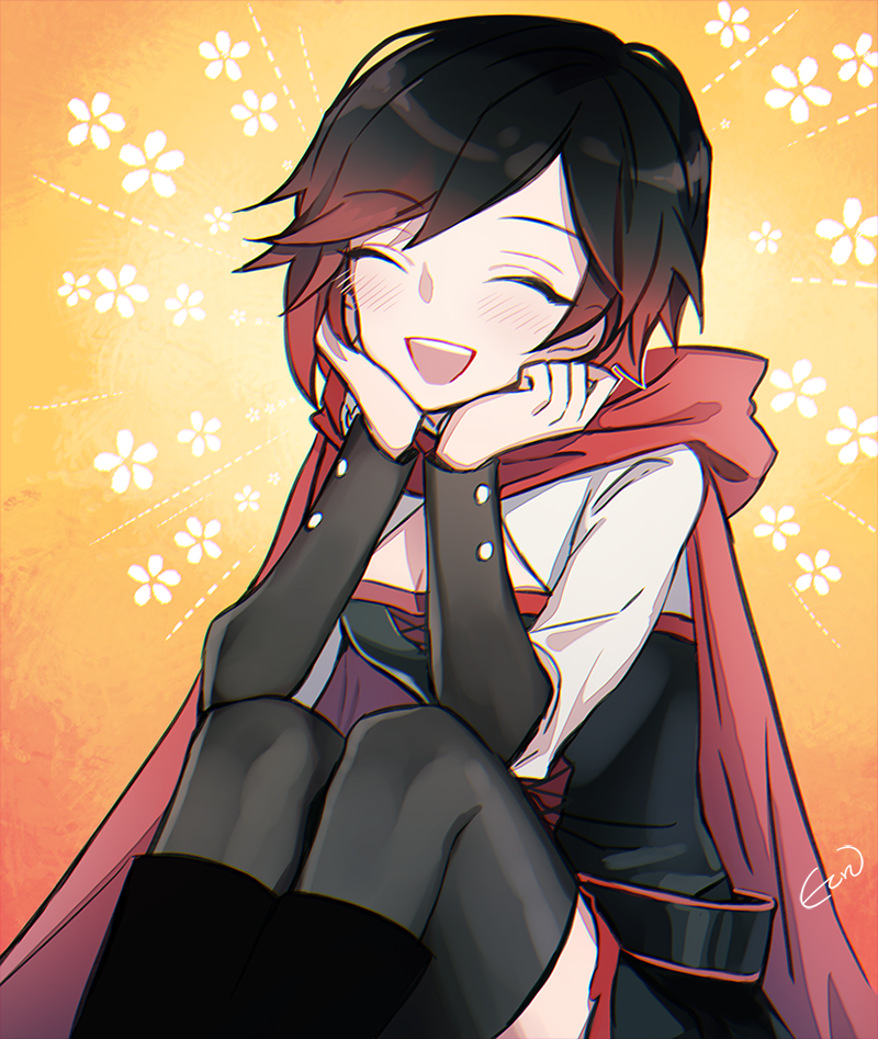 1girl artist_name black_hair blush boots breasts cape cleavage closed_eyes corset ecru happy hooded_cape multicolored_hair open_mouth redhead ruby_rose rwby smile solo
