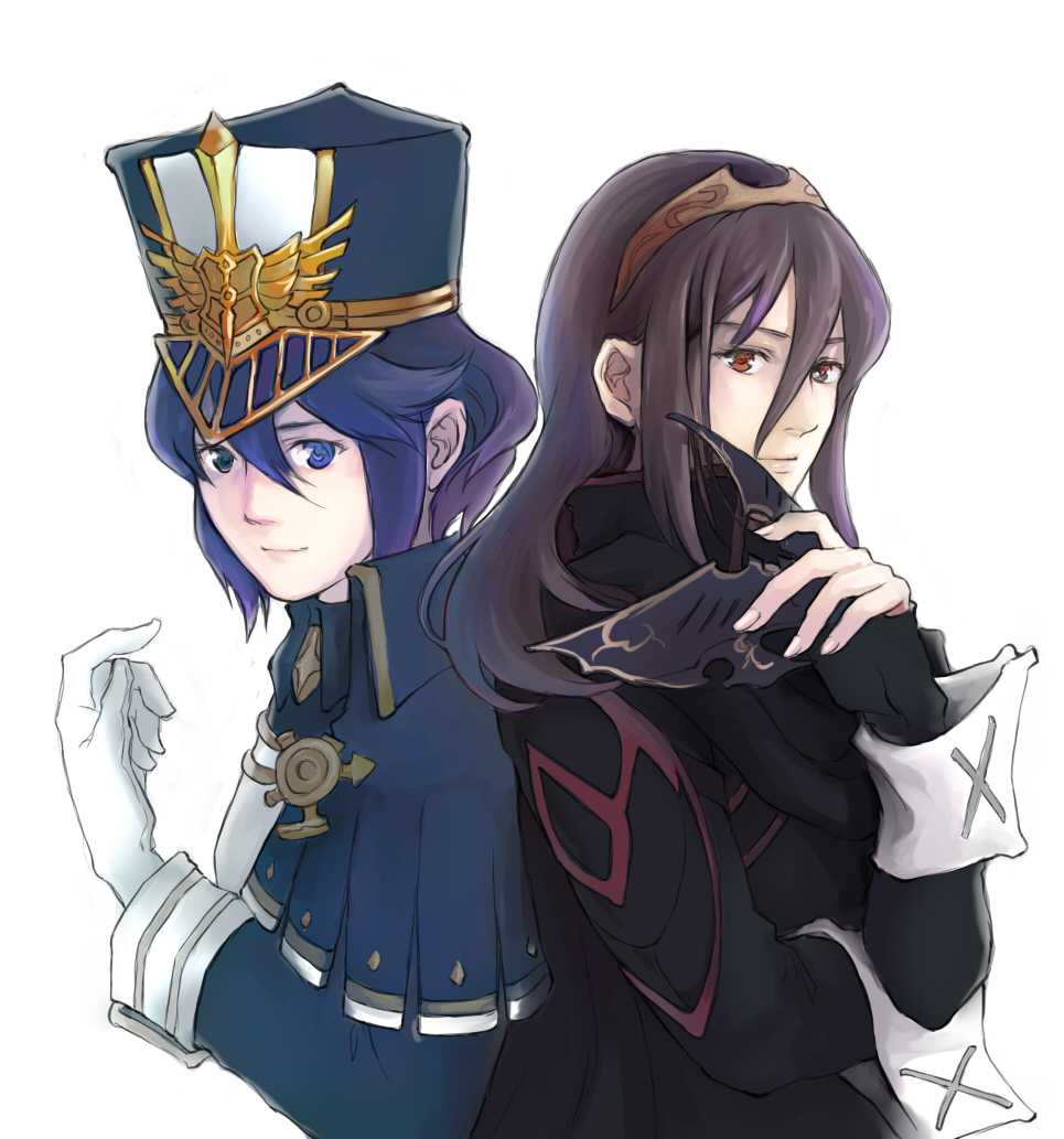 2girls alternate_costume blue_eyes blue_hair blush cape cosplay costume_switch fingerless_gloves fire_emblem fire_emblem:_kakusei gloves hat long_hair looking_at_viewer lucina lucina_(cosplay) marth_(fire_emblem:_kakusei) mask meleph_(xenoblade) meleph_(xenoblade)_(cosplay) military military_hat military_uniform multiple_girls nintendo pauldrons reverse_trap short_hair simple_background smile super_smash_bros. super_smash_bros._ultimate tiara uniform xenoblade_(series) xenoblade_2 yuuta_(ruin0811)