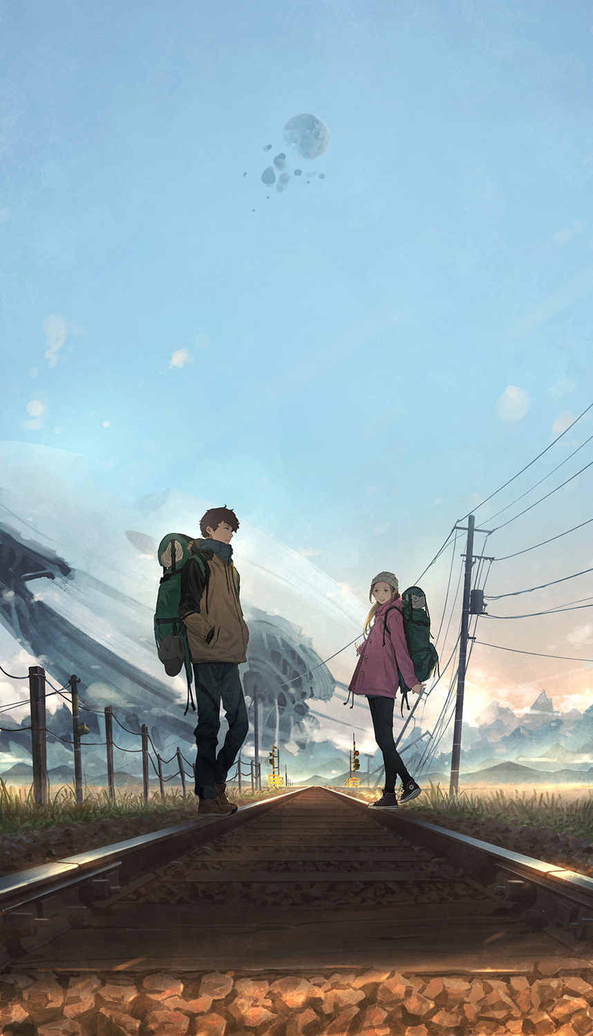 1boy 1girl backpack bag beanie black_pants blue_sky broken_moon brown_hair brown_jacket clouds commentary_request day drawstring fantasy fence hand_in_pocket hat highres jacket long_hair long_sleeves looking_away moon original outdoors pants pink_jacket railroad_signal railroad_tracks short_hair sky sleeping_bag somehira_katsu space_craft standing vanishing_point