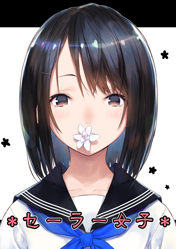 1girl black_sailor_collar blue_neckwear brown_eyes brown_hair comiket_94 commentary_request expressionless eyebrows_behind_hair flower flower_request jiyu2 letterboxed light_blush looking_at_viewer neckerchief original sailor_collar school_uniform serafuku shiny shiny_hair shirt solo translated triple_horizontal_stripe upper_body white_flower white_shirt