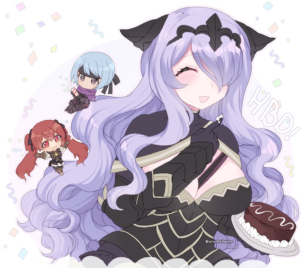 3girls berka_(fire_emblem_if) black_armor black_eyes black_headband blue_hair breasts camilla_(fire_emblem_if) cleavage closed_eyes fire_emblem fire_emblem_if gloves hair_over_one_eye headband long_hair luna_(fire_emblem_if) multiple_girls nintendo open_mouth plate plushcharm purple_hair red_eyes redhead short_hair tiara twintails twitter_username