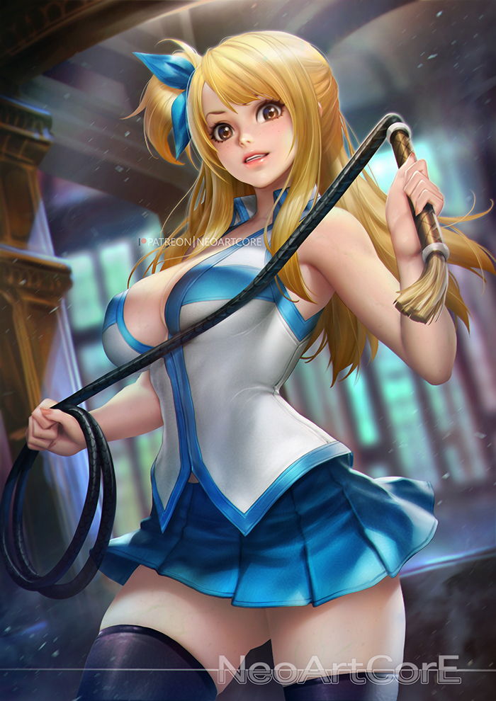 1girl ass_visible_through_thighs black_legwear blonde_hair blue_skirt blurry blurry_background breasts brown_eyes cleavage cowboy_shot fairy_tail holding large_breasts long_hair looking_at_viewer lucy_heartfilia nudtawut_thongmai one_side_up parted_lips patreon_username pleated_skirt skirt sleeveless solo standing thigh-highs whip