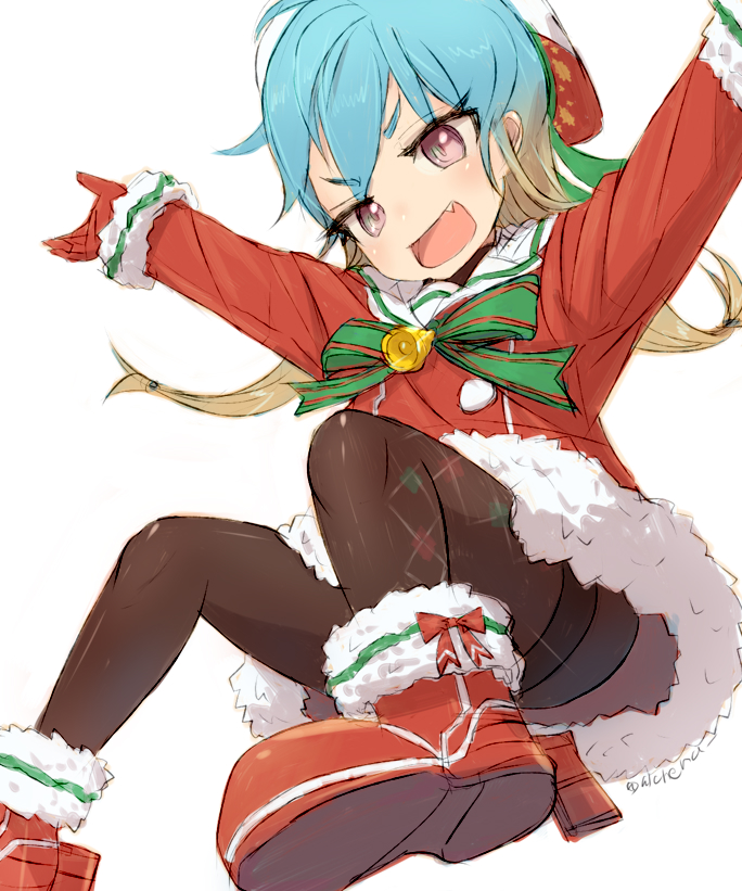 1girl alchera alternate_costume blonde_hair blue_hair buttons christmas commentary_request fang gradient_hair green_ribbon hands_up hat jumping kantai_collection long_hair looking_at_viewer multicolored_hair open_mouth pantyhose red_eyes ribbon rudder_shoes sado_(kantai_collection) santa_costume santa_hat smile solo tsurime