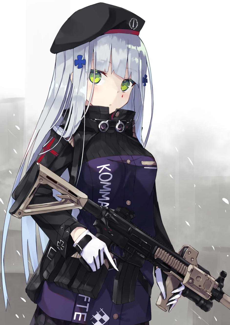 1girl assault_rifle bangs beret blunt_bangs blush breasts clothes_writing commentary_request eyebrows_visible_through_hair facial_mark girls_frontline gloves green_eyes gun hair_ornament hat heckler_&amp;_koch highres hk416 hk416_(girls_frontline) holding holding_gun holding_weapon iron_cross long_hair looking_at_viewer medium_breasts military military_uniform nagishiro_mito open_mouth parted_lips revision rifle sidelocks silver_hair skirt snow snowing solo standing teardrop trigger_discipline uniform weapon white_gloves wind